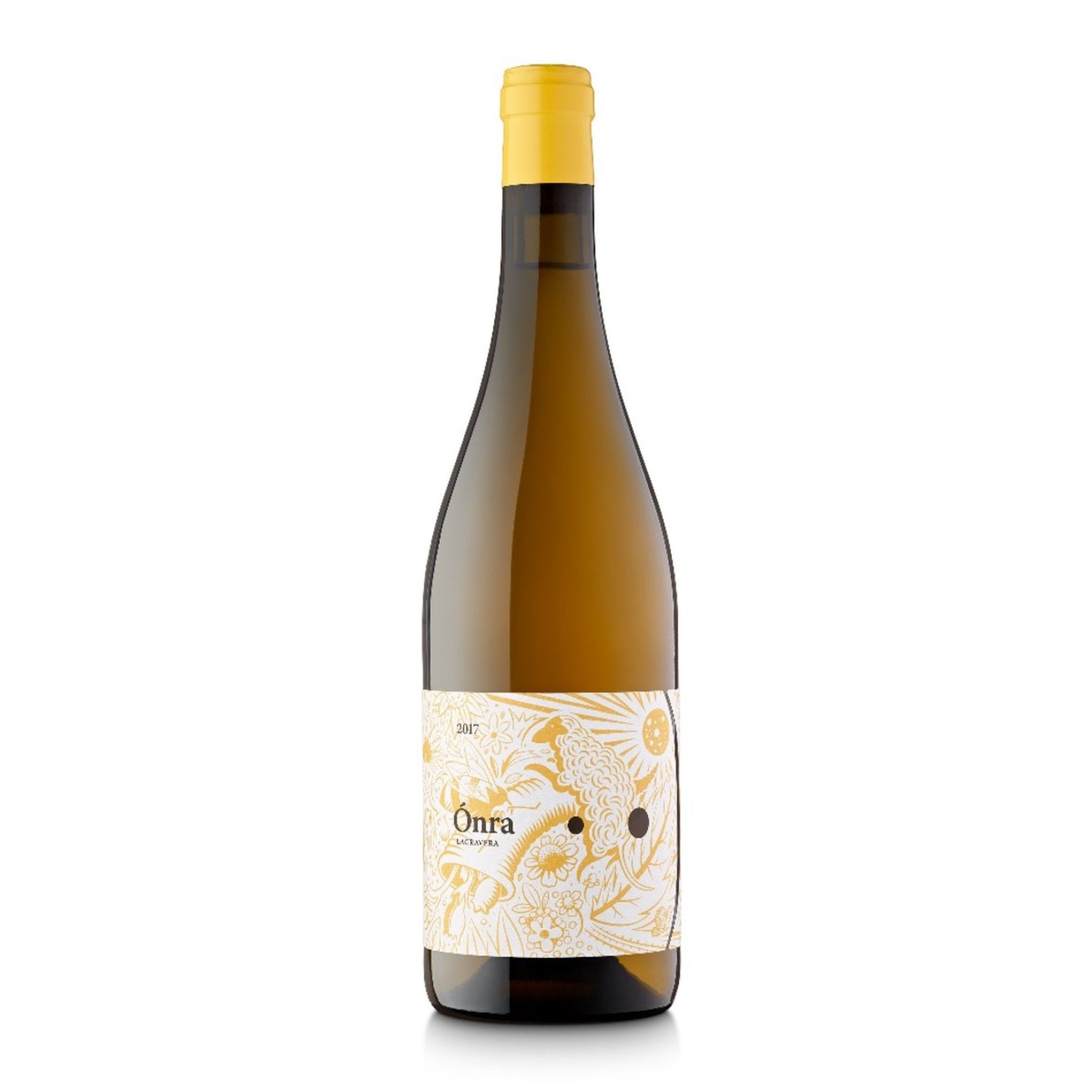 Bottle of Onra White wine with a label featuring an illustration of a bird and grapevines.