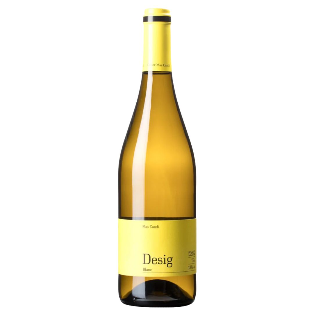 a bottle of organic white wine by mas candi of penedes, spain