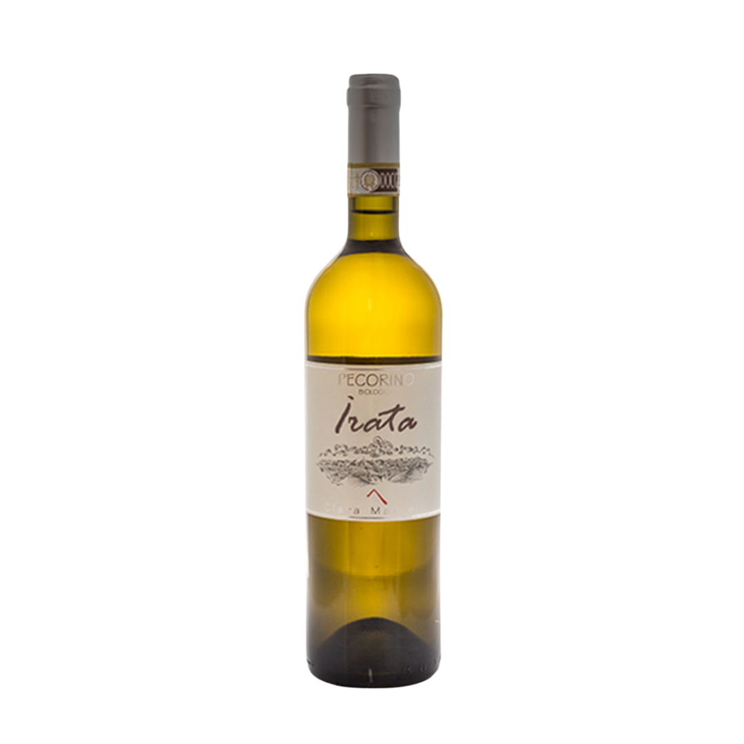 A bottle of Irata 2022 white wine with a label displaying the brand name and 'Piceno' region, Italy.