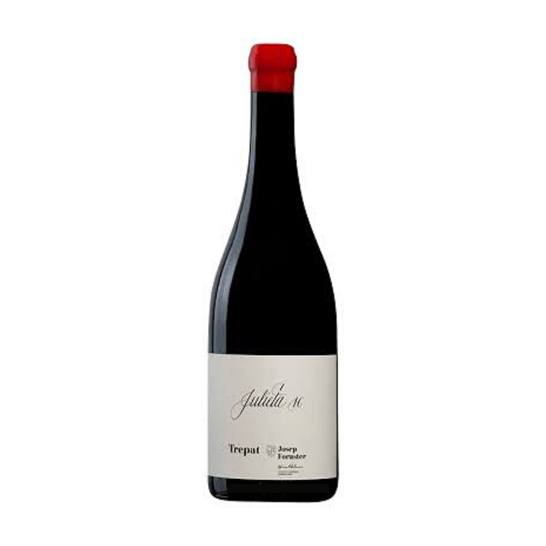 A bottle of Julieta 2023 red wine with a white label and red caps.