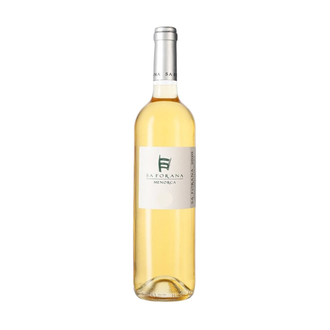 Bottle of Sa Forana Blanco white wine with a label displaying the menorca region and product name.
